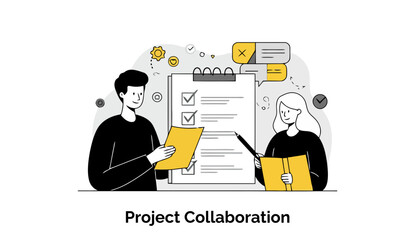 Poster - Project collaboration between two young professionals in casual attire, reviewing project documents at a meeting. Young adults working together on checklist documents in a modern office setting.