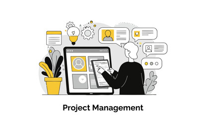 Poster - Project Management Professional reviewing project details on a digital interface with various project elements displayed.