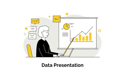 Aufkleber - A woman in a business professional setting presenting data on a screen. She is pointing to a chart of financial results with a pointer in a modern meeting room.