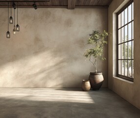 Poster - A large, empty room with light beige walls, a concrete floor, and a window on the right side. A plant in an iron pot stands next to it. The walls are made from natural materials such as wood or stone.