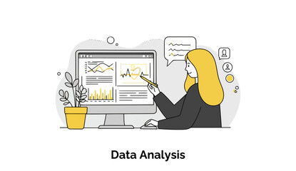 Poster - Female data analyst reviewing financial data on a computer screen in an office setting. Analyzing graphs and charts with a stylus, focusing on a specific project detail.