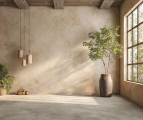 Poster - A large, empty room with light beige walls, a concrete floor, and a window on the right side. A plant in an iron pot stands next to it. The walls are made from natural materials such as wood or stone.
