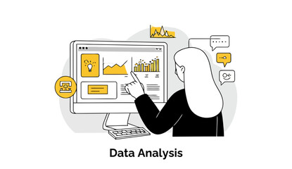 Fototapete - Female data analyst reviewing data on a computer screen in a modern office setting. Focused on computer screen with a finger pointing at the data.