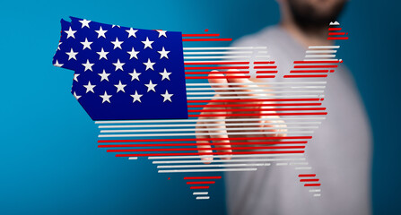 Poster - Person interacting with digital US map overlayed with American flag stripes. Patriotism, technology concept.