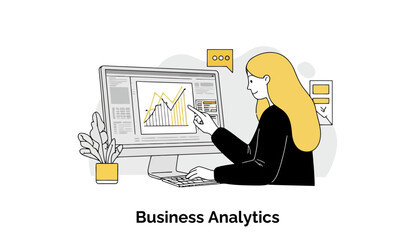 Fototapete - Young woman in a business setting analyzing data on a computer screen. Female data analyst reviewing business analytics at a modern office.