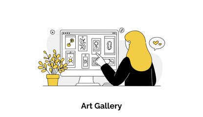Fototapete - Female art gallery curator reviewing art pieces on a computer screen in a home office setting. Young professional woman critically examining digital art collection in a modern workspace.