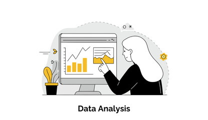 Fototapete - Female professional in business attire analyzes data on computer screen in office setting. Pointing at chart with focused attention.