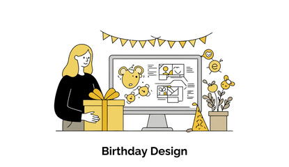 Fototapete - Young woman in a black top and light-colored pants holding a gift box, reviewing birthday design concepts on a computer monitor in a celebratory setting.