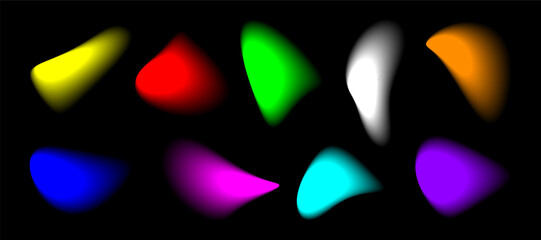 Poster - Ten bright, colorful, abstract shapes appear to float against a completely black background. The shapes are soft, blurred, and resemble drops of liquid or paint in motion.