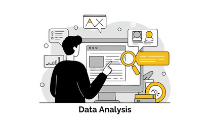 Fototapete - Young adult male in casual attire examines data on a computer screen in a modern office setting. Analyzing data with computer and various data visualizations.