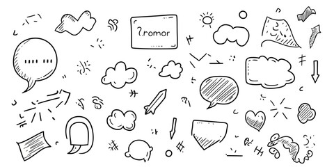 Poster - Hand drawn black and white doodle speech bubbles clouds arrows question marks hearts and abstract comic line art elements set for design and communication concepts vector illustration
