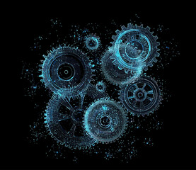 Poster - Futuristic digital wireframe gears and cogs interconnected mechanical technology mesh with glowing blue particles abstract engineering background