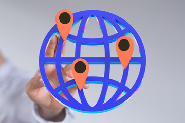 Poster - Illustrative image of a global network with location markers. Ideal for concepts of worldwide connectivity, global reach, and international business.