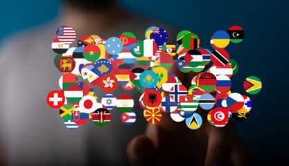 Poster - International connection, global business, world map, flags, network, communication, diversity, unity, global community.