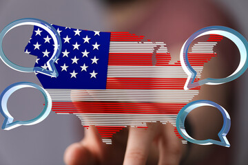 Aufkleber - USA map graphic with chat icons.  Represents digital communication, social media, or public opinion.