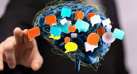 Poster - Conceptual image: Brain with colorful speech bubbles, representing communication, ideas, and networking.