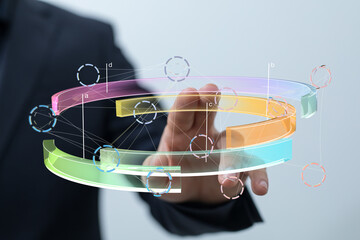 Poster - A businessman interacts with a holographic 3D data visualization, showcasing modern technology and data analysis.
