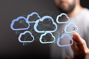 Poster - Image depicts a cloud computing network, showcasing secure data storage and sharing. Ideal for technology, business, and IT.