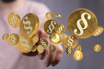Poster - Abstract image of golden paragraph symbols hovering near a hand, representing legal concepts.