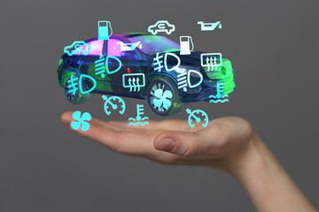 Poster - Modern car maintenance visualized.  Digital icons show key vehicle systems.