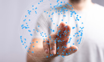 Fototapete - Abstract image of a hand interacting with a digital network sphere, representing global connectivity and data.