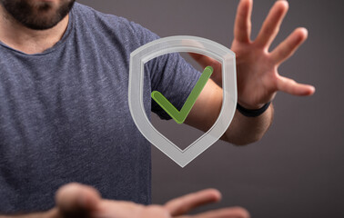 Aufkleber - Image of a man protecting a digital shield, symbolizing data security and privacy.