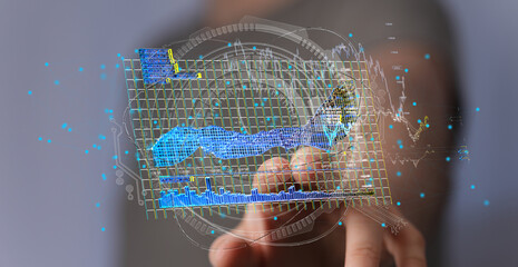 Poster - Stock photo of person interacting with a digital holographic display showing data charts and graphs. Perfect for technology, finance, and analytics.