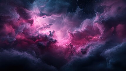 Wall Mural - An ethereal cosmic nebula filled with swirling clouds of vivid pink and purple hues, highlighted by distant twinkling stars, creating a mesmerizing view of the universe.