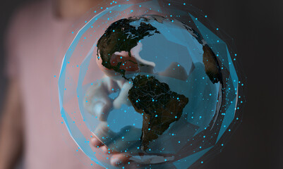 Aufkleber - Abstract image of a hand holding a digital earth, representing global connectivity and networking.