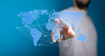 Poster - Image of a hand interacting with a digital world map, representing global networking and connectivity.