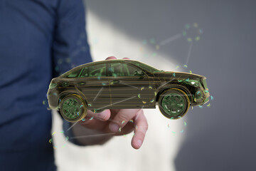 Aufkleber - Person holding a digital 3D car model. Concept for automotive technology, innovation, and future of driving.