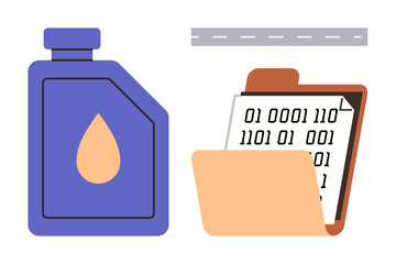 fuel bottle with drop design and open folder with binary code near road. ideal for technology, data 