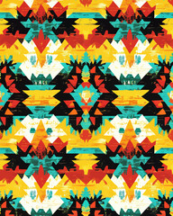 Poster - This modern illustration boasts a bright seamless background with a pixel pattern, designed in an aztec geometric tribal style and rendered in Pantone colors