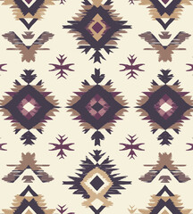 Poster - This boho fashion illustration showcases a seamless stylized pattern of stripes, incorporating aztec and tribal ethnic ornaments in modern bright colors