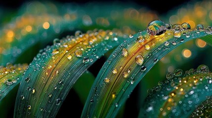 Wall Mural -   A high-resolution image captures a lush green plant under close-up inspection, featuring droplets of water cascading off its vibrant foliage against a dark