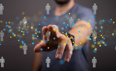 Poster - Man interacts with a digital network of people, symbolizing global connections and teamwork.