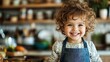 © svastix - A joyful child with curly hair smiles brightly in a welcoming kitchen, showcasing their enthusiasm for baking and the warmth of home-cooked moments filled with love and joy.