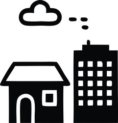 Poster - Simple black and white illustration of a house and a tall building under a cloudy sky with abstract shapes