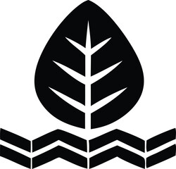 Poster - A stylized black leaf icon with a central vein and branching veins rests above a geometric pattern resembling layered waves or chevron shapes