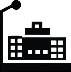 Poster - Simple black and white silhouette icon representing a building with a street lamp in front suitable for signage or web design