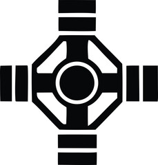 Poster - Geometric abstract symbol featuring a central circle surrounded by four interconnected rectangular arms and diagonal lines