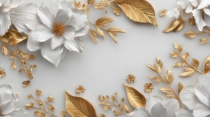 Aufkleber - Refined and minimalist 3D white floral relief design with delicate gold leaves and petals creating a serene and visually appealing decorative texture for use as a background or wallpaper