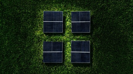 Poster - Aerial view of a set of four solar panels arranged in a square formation on a lush green grass landscape representing a sustainable energy concept