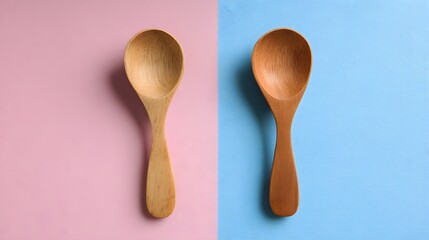 Poster - Two wooden kitchen spoons displayed against a minimalist pastel pink and blue background in a flat lay still life style