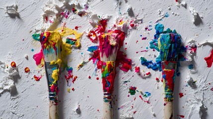 Aufkleber - Colorful expressive paint splatters and brushes create a display on a textured white wall capturing the energy and freedom of the creative process