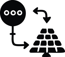 Poster - Abstract representation of data flow from a circular node with three dots to a stacked pyramid of rectangular blocks symbolizing information transfer or processing