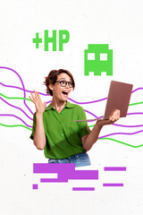 Aufkleber - 3D photo collage template trend artwork composite of joy player gamer video videogame young woman smile hand hold computer smile hello
