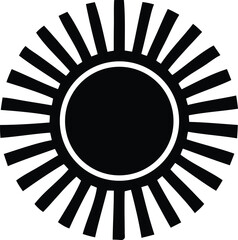 Poster - Simple black and white stylized sun icon with bold rays and a central circle on a white background