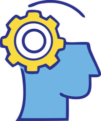 Poster - Stylized blue human head profile with a yellow gear symbol representing thought process and mechanical thinking