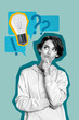 © deagreez - Composite artwork 3D photo collage trend of creative solution challenge logic eureka young woman stand thoughts minded question research